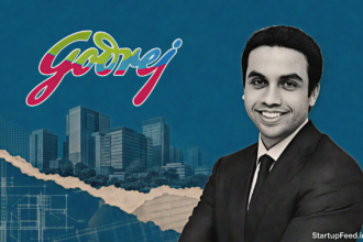 Godrej Haryana investment visual with Pirojsha Godrej, company logo and Gurugram office skyline