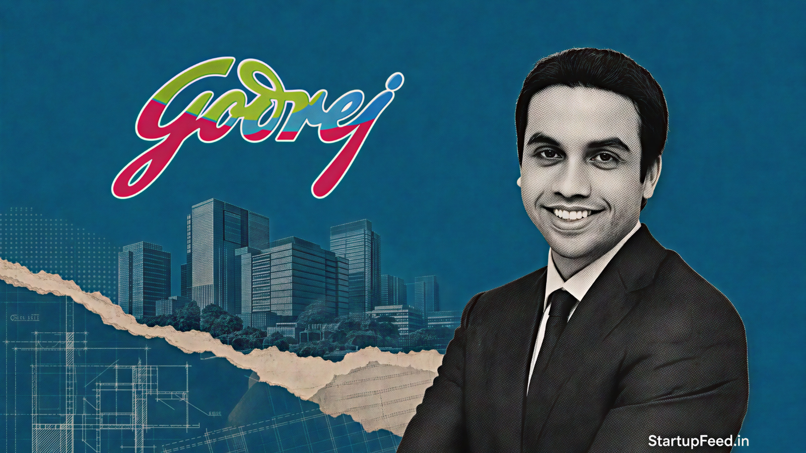 Godrej to Invest Rs 20,000 Cr in Haryana, Eyes Gurugram 41 Godrej Haryana investment visual with Pirojsha Godrej, company logo and Gurugram office skyline