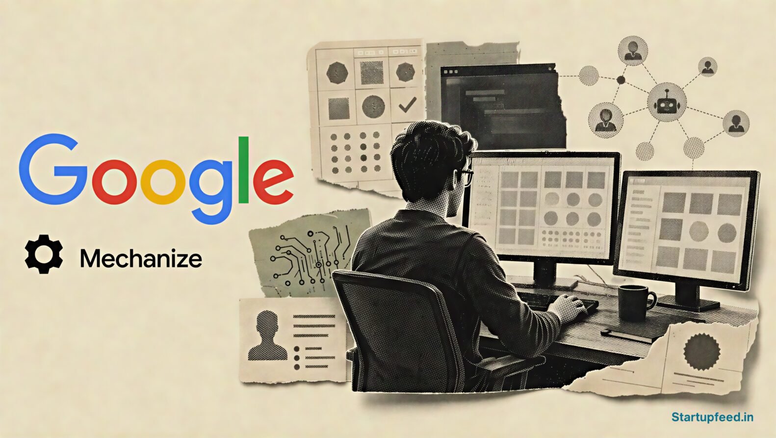 Google Mechanize deal visual with official logos, an AI engineer workspace and coding-agent evaluation systems