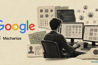 Google Mechanize deal visual with official logos, an AI engineer workspace and coding-agent evaluation systems