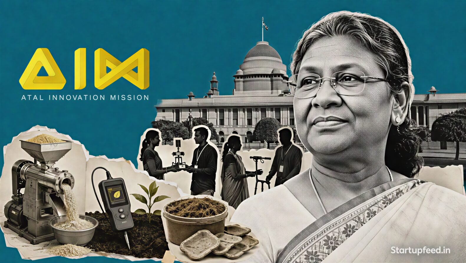 Grassroots innovators 2026 recognition scene with President Droupadi Murmu, Atal Innovation Mission branding and practical rural invention motifs