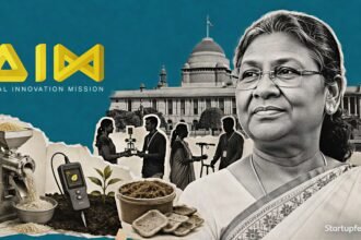 Grassroots innovators 2026 recognition scene with President Droupadi Murmu, Atal Innovation Mission branding and practical rural invention motifs