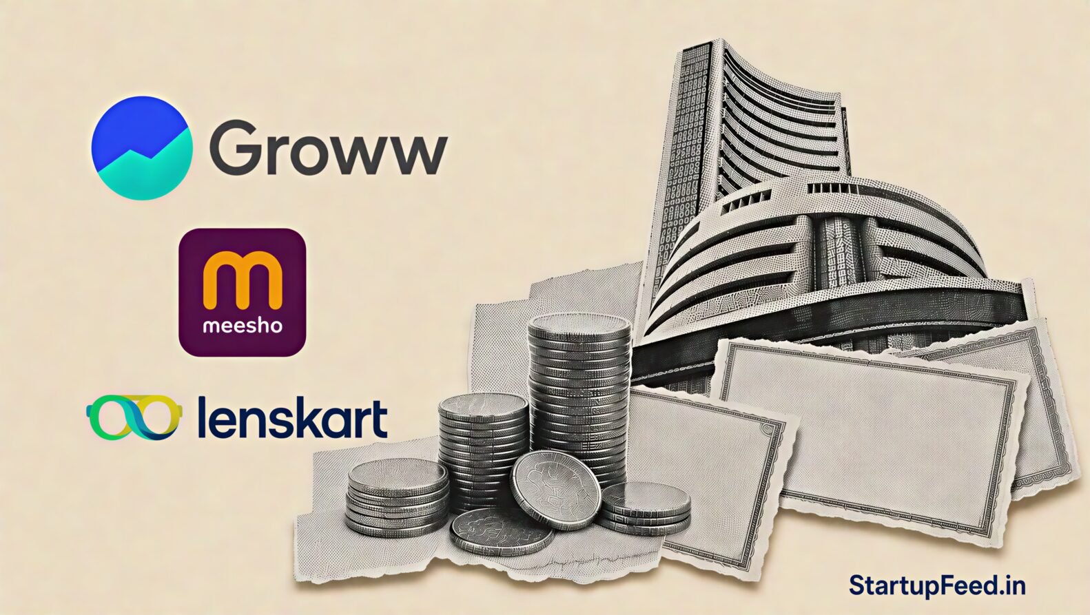 Startup IPO investor returns: Groww, Meesho and Lenskart logos beside coins, reflecting Rs 13,300 Cr across seven startups