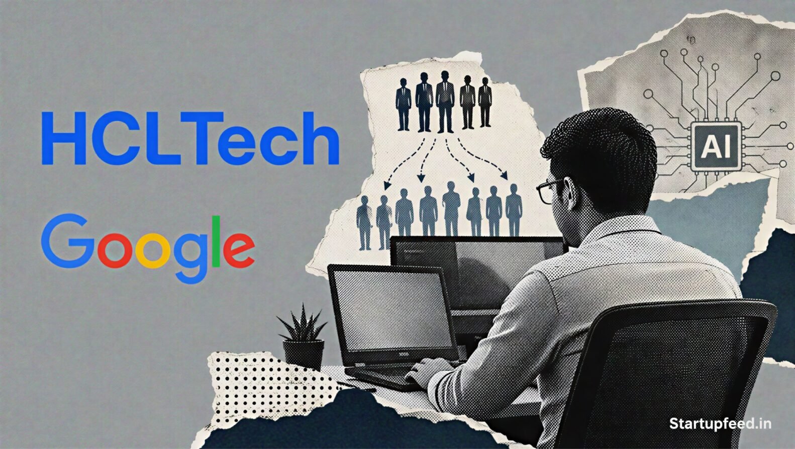 HCLTech Google deal cut visual with official logos, torn contract fragments and a halftone IT-services workspace