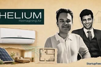 Helium Smart Air founders Ashish Sharma and Aman Munka beside the compact AC product and company logo