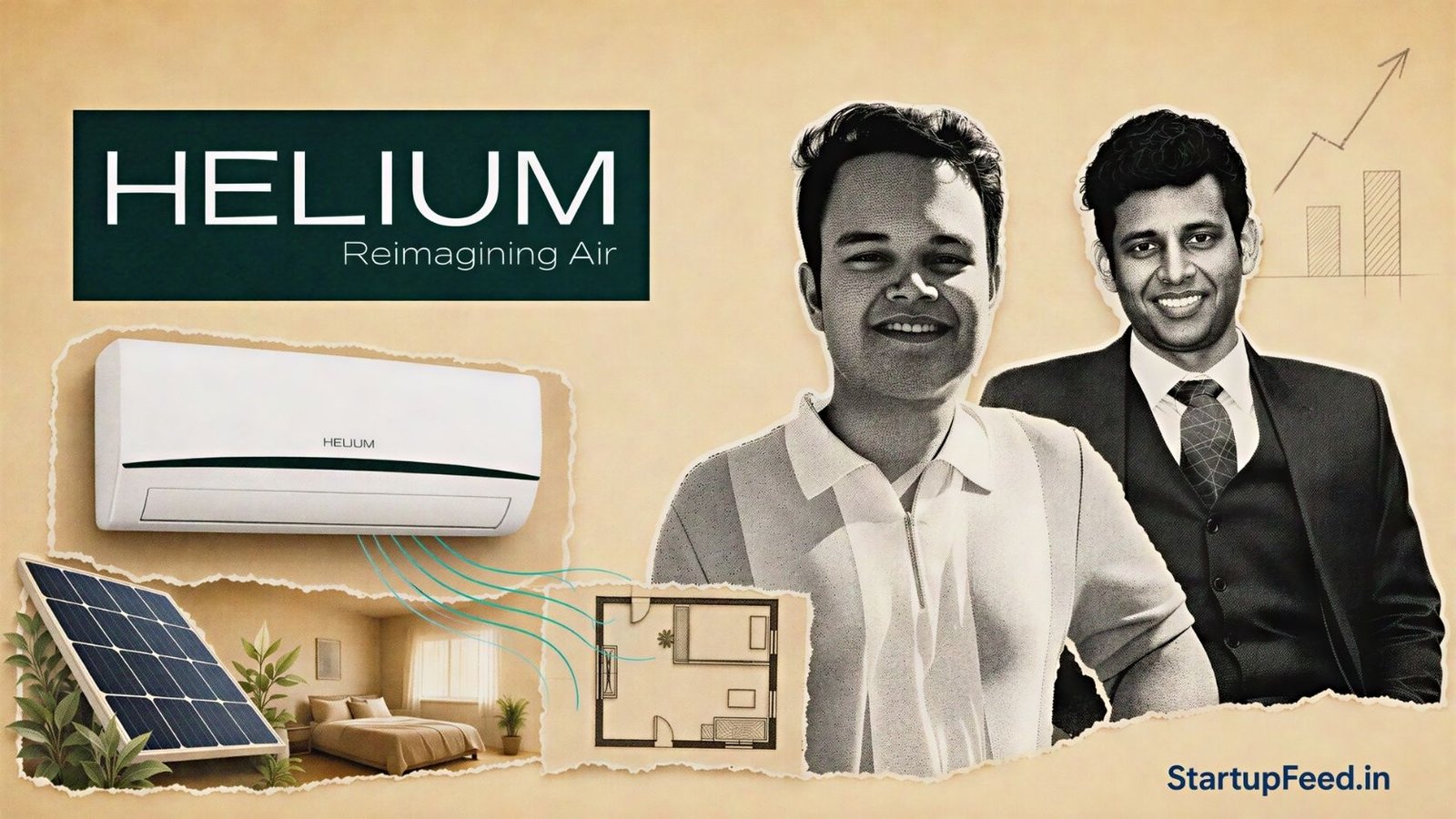Helium Smart Air founders Ashish Sharma and Aman Munka beside the compact AC product and company logo