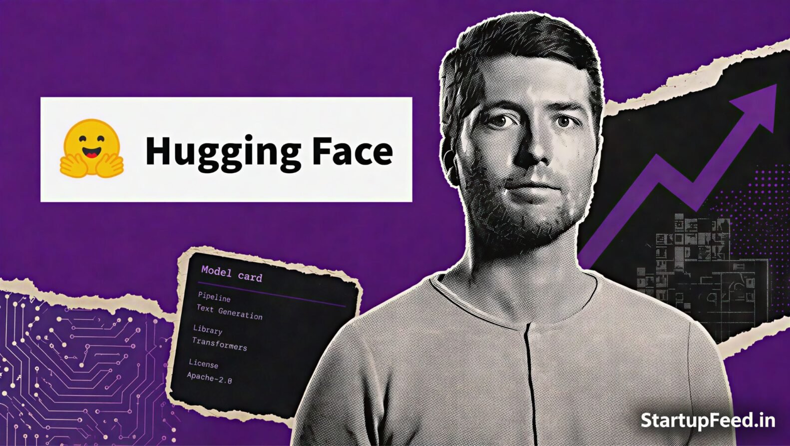 Clement Delangue, CEO of Hugging Face, beside Hugging Face sale imagery tied to a reported $13 Bn valuation