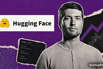 Clement Delangue, CEO of Hugging Face, beside Hugging Face sale imagery tied to a reported $13 Bn valuation