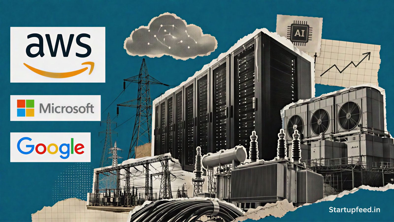 India data centre investment visual with halftone server racks, power-grid infrastructure, and official AWS, Microsoft and Google logos