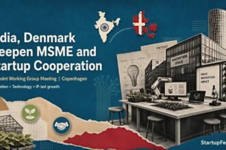 India Denmark MSME cooperation scene with official ministry emblems, startup workspace and Nordic trade links