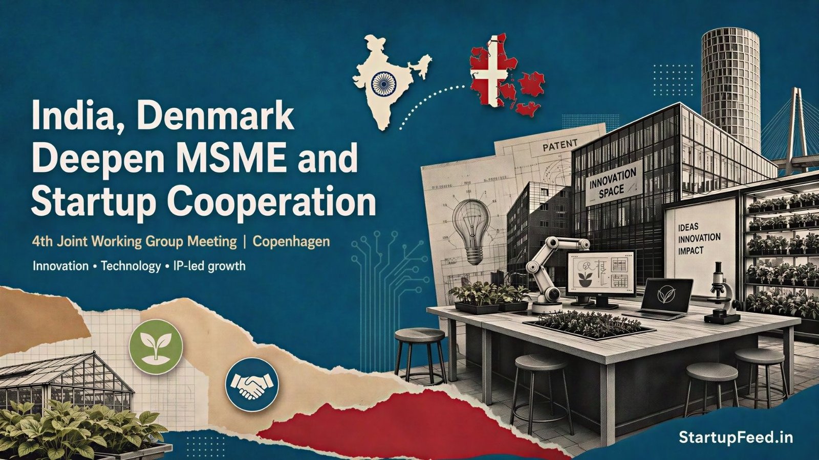 India Denmark MSME cooperation scene with official ministry emblems, startup workspace and Nordic trade links