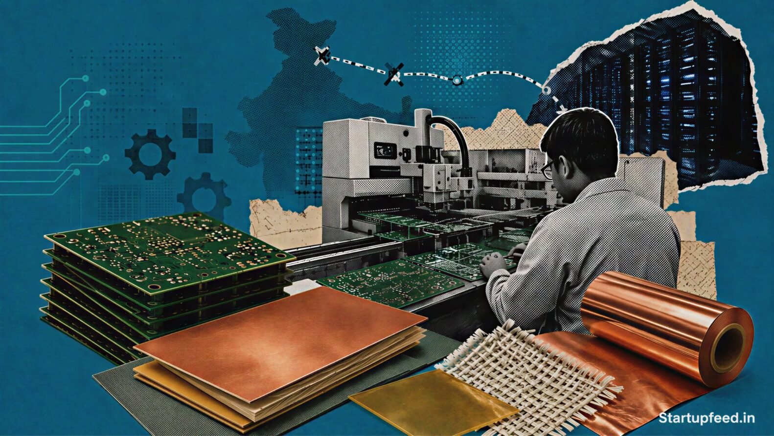 India electronics output PCB factory scene with IPCA logo, circuit boards, copper foil and disrupted material supply