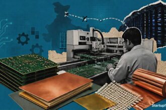 India electronics output PCB factory scene with IPCA logo, circuit boards, copper foil and disrupted material supply
