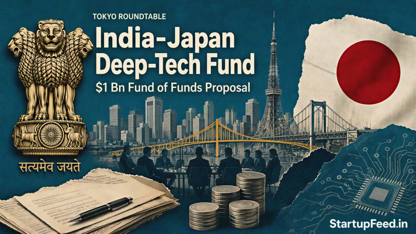 India Japan deep-tech fund policy visual with Indian emblem, Japan flag, startup documents and Tokyo skyline