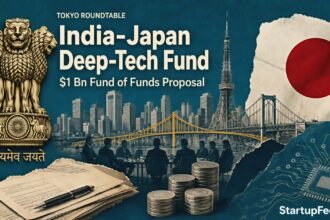 India Japan deep-tech fund policy visual with Indian emblem, Japan flag, startup documents and Tokyo skyline