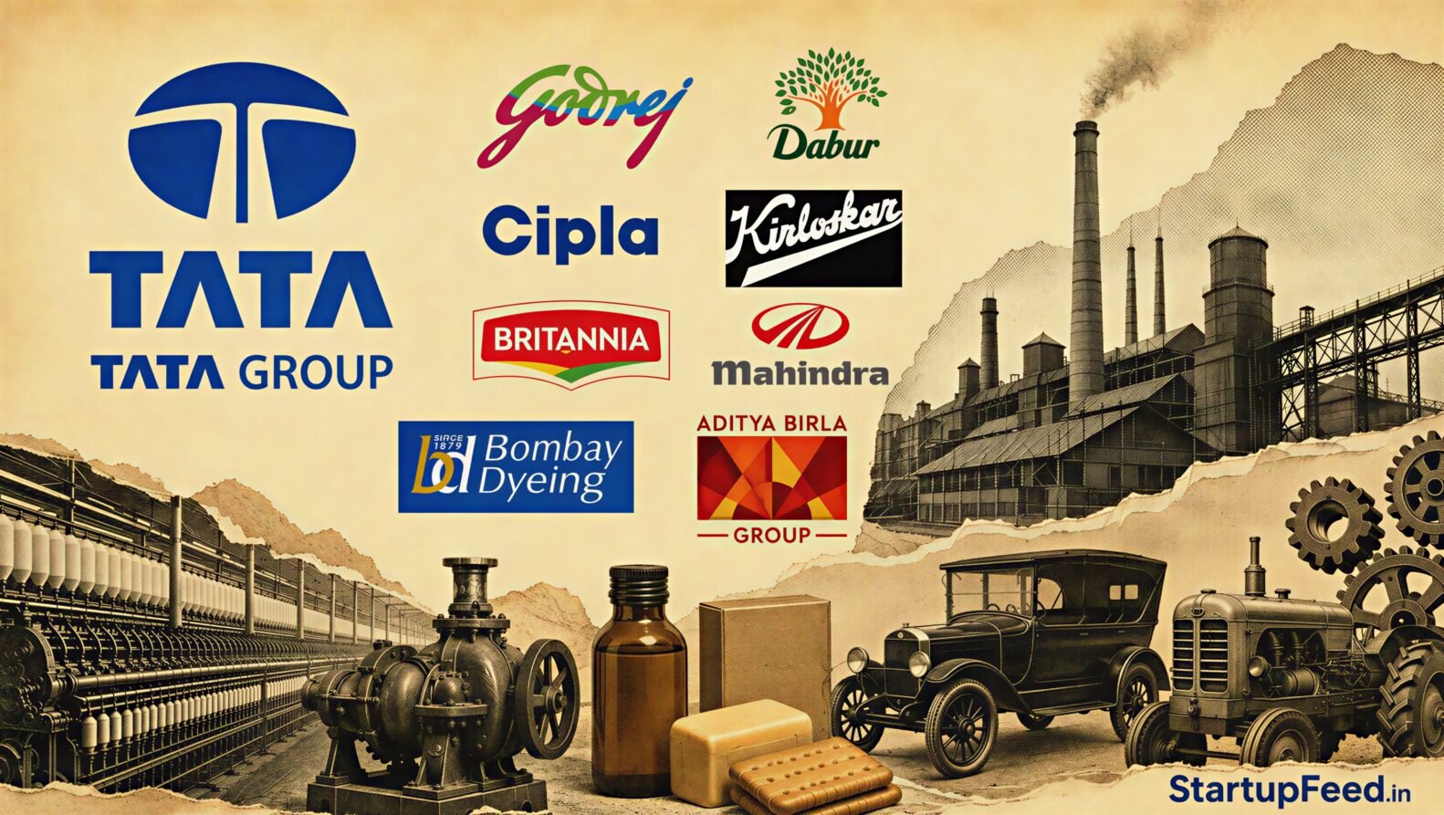 Indian companies before independence logos with factory, medicine, vehicles and engineering motifs