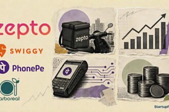 Indian startup news this week shown through a halftone collage of Zepto, Swiggy, PhonePe and funding-deal logos