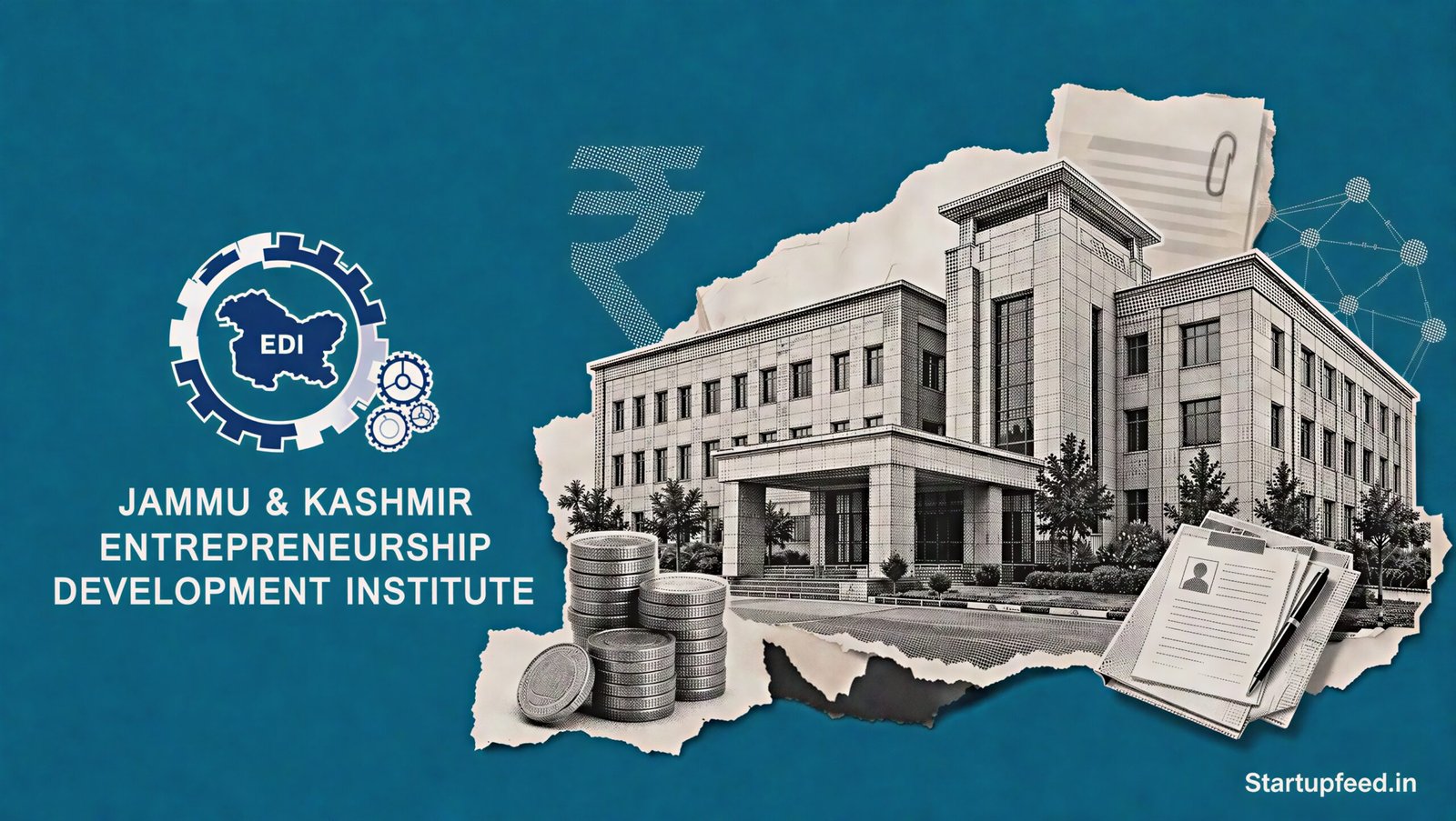 J&K startup ecosystem policy scene with JKEDI, startup documents and seed funding symbols against a deep teal background