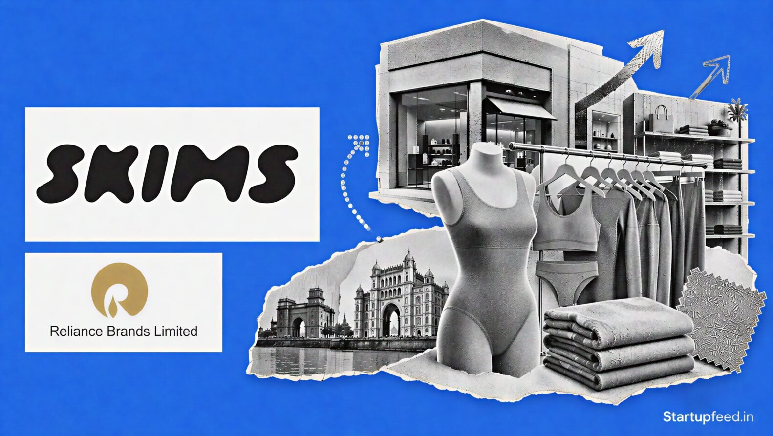Kim Kardashian SKIMS India launch collage with SKIMS and Reliance Brands logos beside her black-and-white halftone portrait