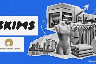 Kim Kardashian SKIMS India launch collage with SKIMS and Reliance Brands logos beside her black-and-white halftone portrait