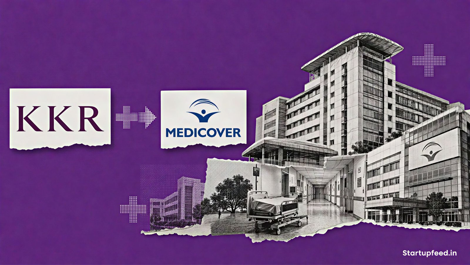 KKR Medicover India deal shown through crisp KKR and Medicover logos beside a halftone hospital network scene