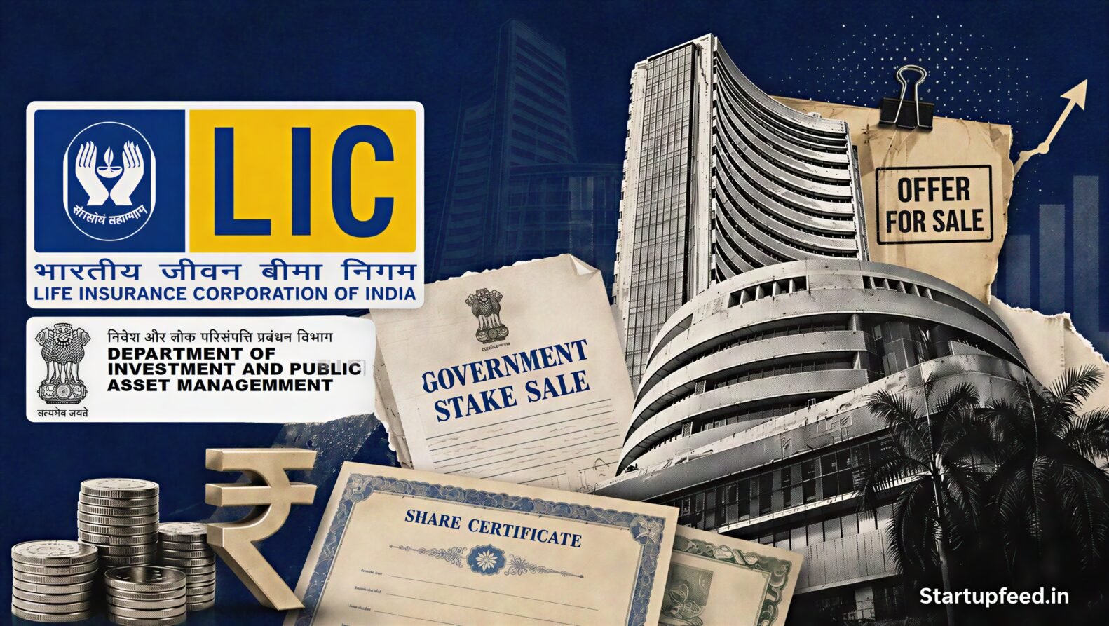 LIC OFS editorial collage with LIC logo, stock-exchange silhouette and government stake-sale documents on a deep navy background