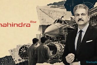Mahindra launches Novavayu Aerospace in a halftone defence aviation collage featuring the Mahindra logo, aircraft silhouettes and engineering blueprints