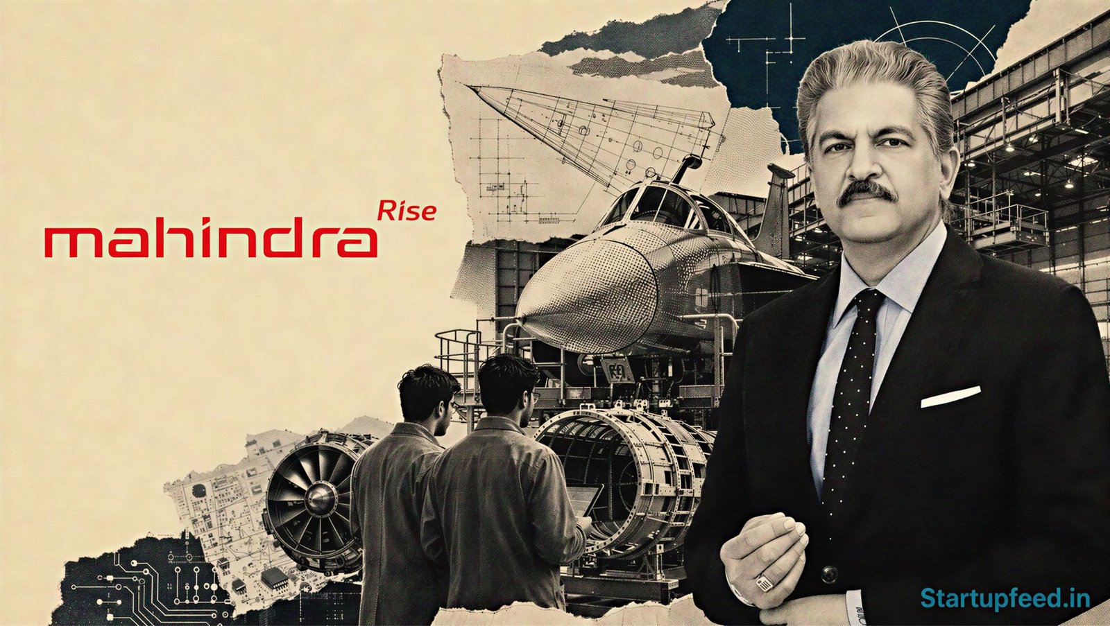 Mahindra launches Novavayu Aerospace in a halftone defence aviation collage featuring the Mahindra logo, aircraft silhouettes and engineering blueprints