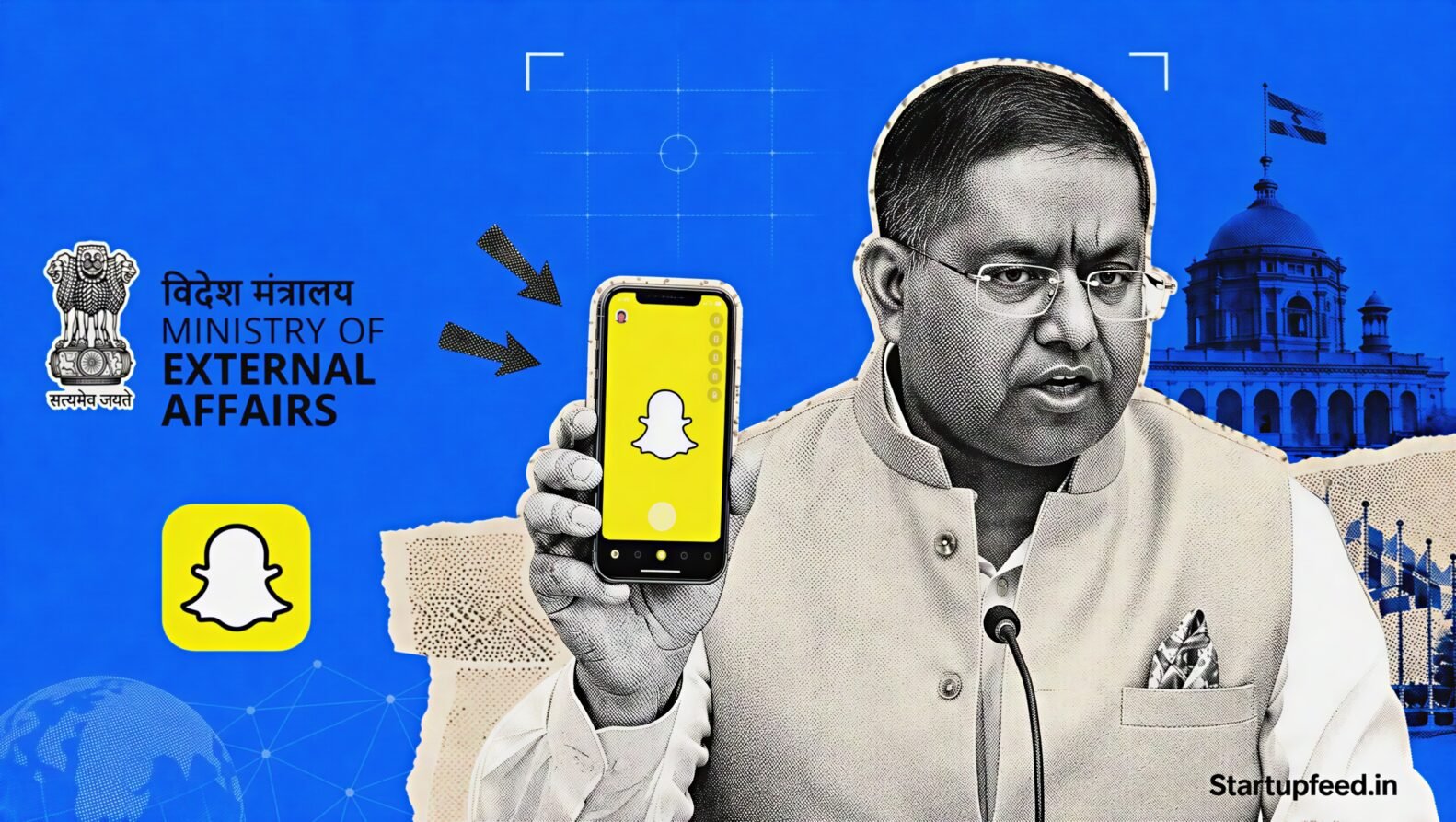 MEA Snapchat account launch visual with ministry emblem, Snapchat logo and spokesperson Randhir Jaiswal in halftone editorial style