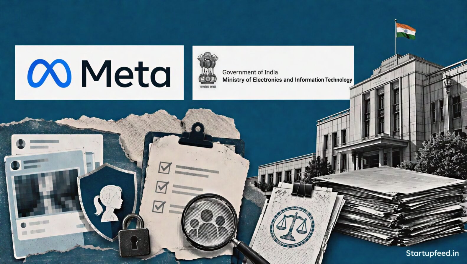 Meta CSAM probe editorial collage with the Meta logo, MeitY emblem, official documents and an Indian regulatory setting