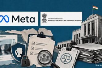 Meta CSAM probe editorial collage with the Meta logo, MeitY emblem, official documents and an Indian regulatory setting