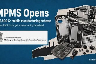 Mobile phone manufacturing scheme visual with MeitY emblem, smartphones and Indian electronics production