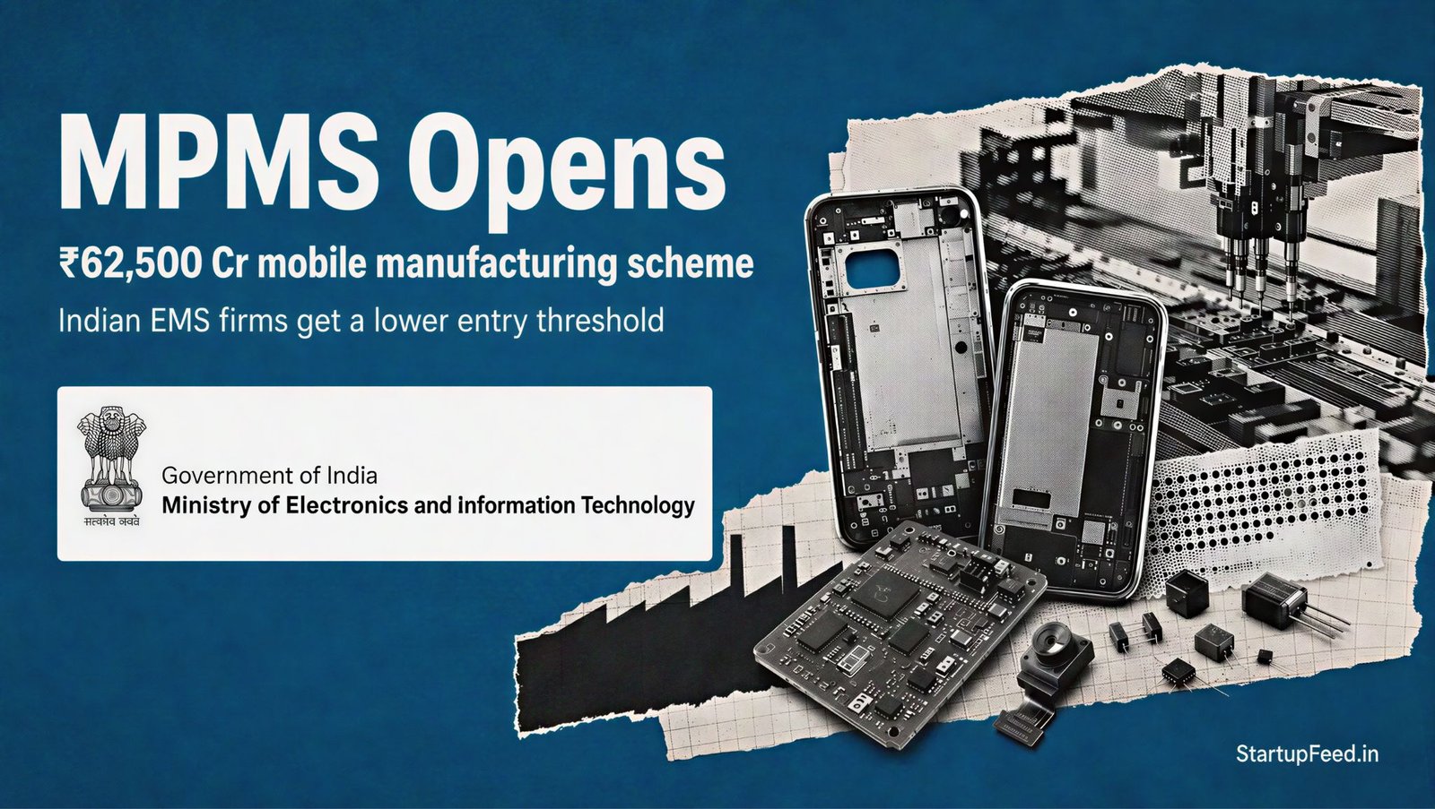 India Opens Rs 62,500 Cr Mobile Phone Making Scheme 41 Mobile phone manufacturing scheme visual with MeitY emblem, smartphones and Indian electronics production