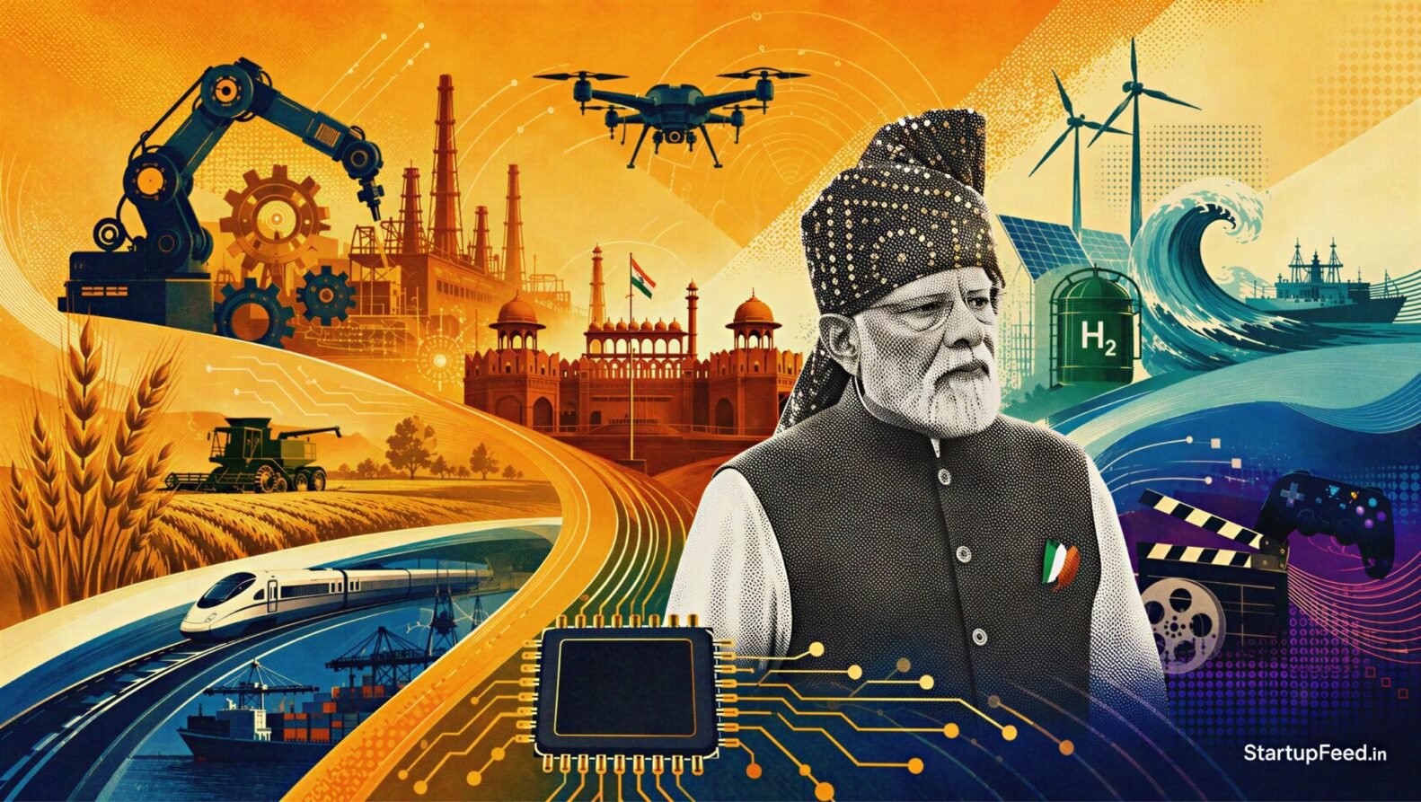 Modi Saptadhara highlights seven growth streams including AI, defence, green energy and manufacturing for India.