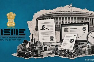 MSME Amendment Bill 2026 policy collage with Ministry of MSME emblem, Parliament setting, small businesses and digital invoice-payment imagery