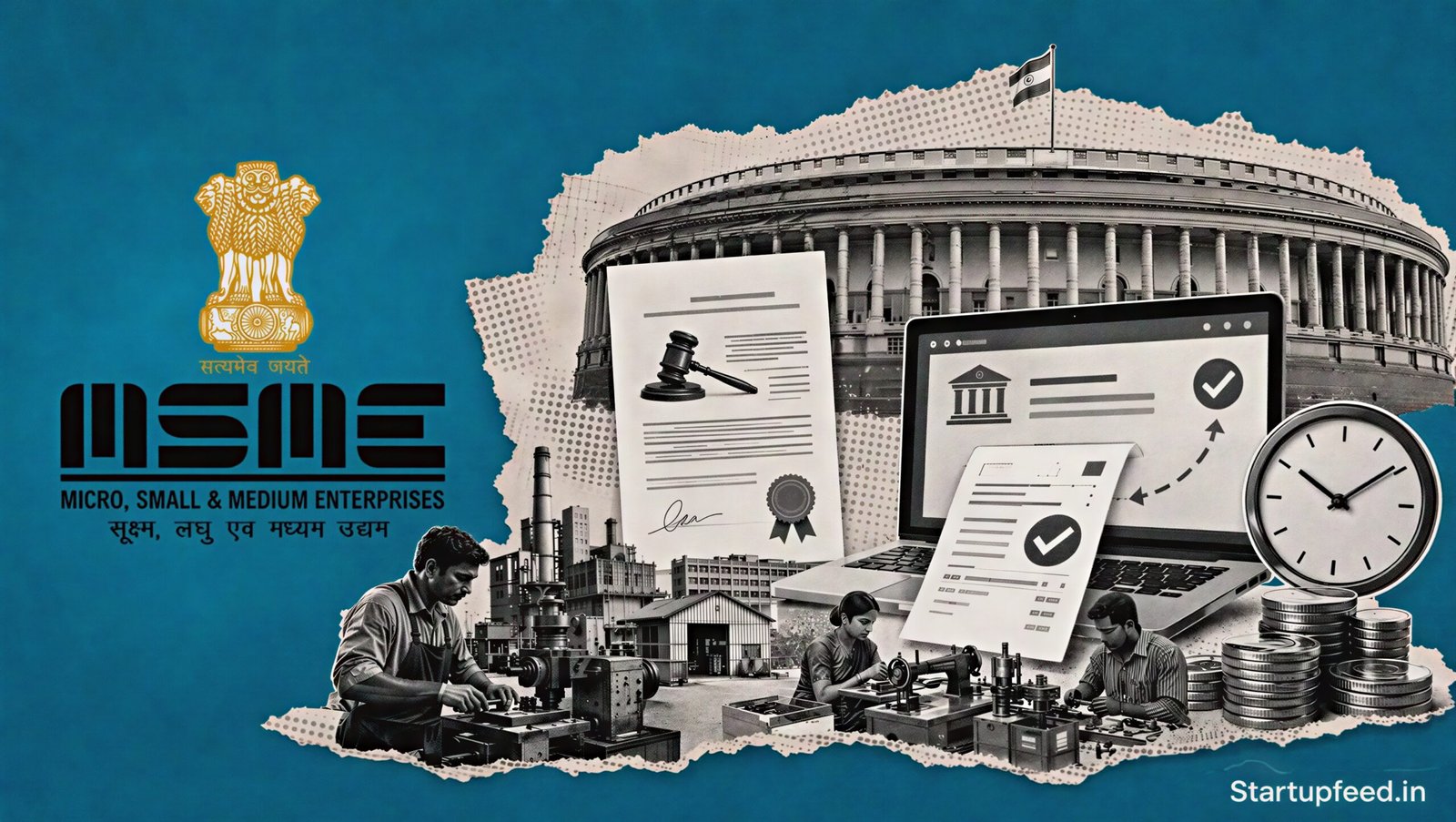 MSME Amendment Bill 2026 Secures a Crucial Reform Win 39 MSME Amendment Bill 2026 policy collage with Ministry of MSME emblem, Parliament setting, small businesses and digital invoice-payment imagery