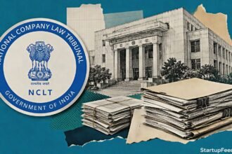 NCLT resolution plans scene with tribunal emblem, headquarters sketch and stacked case documents