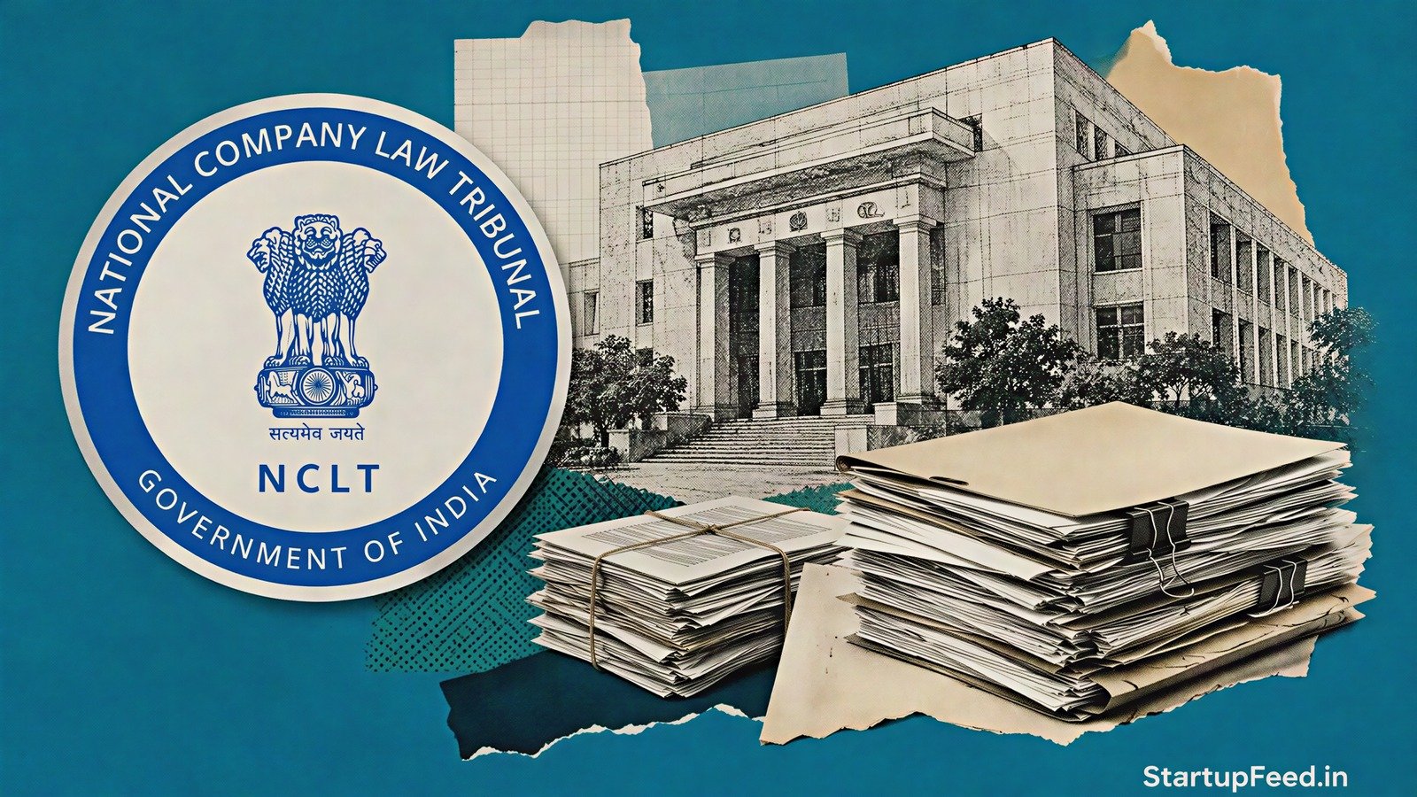 NCLT resolution plans scene with tribunal emblem, headquarters sketch and stacked case documents