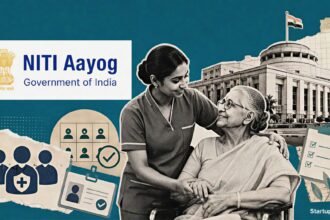 NITI Caregiving Policy editorial scene featuring the NITI Aayog logo, verified caregivers, an elderly Indian citizen and policy documents