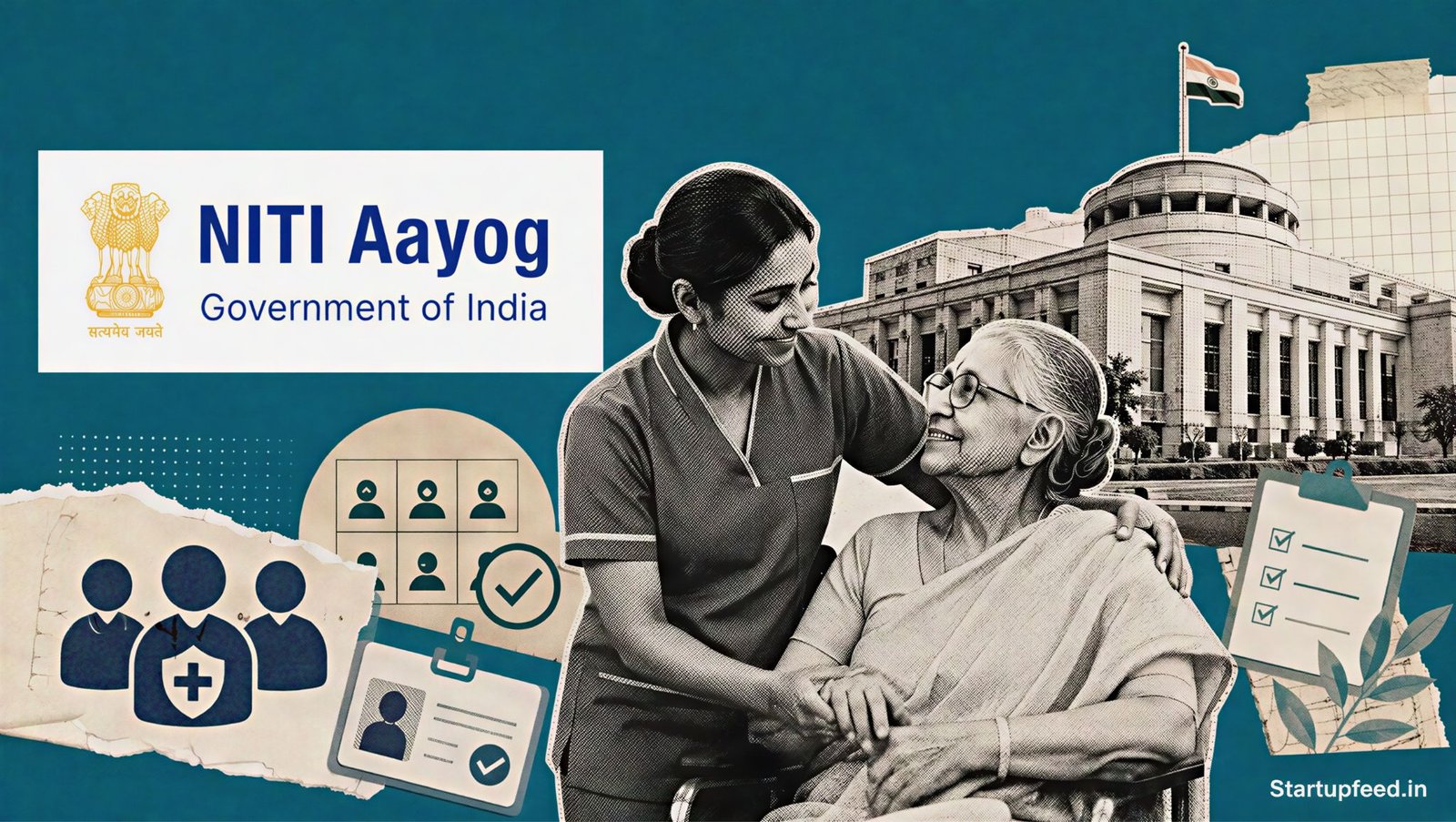 NITI Caregiving Policy editorial scene featuring the NITI Aayog logo, verified caregivers, an elderly Indian citizen and policy documents