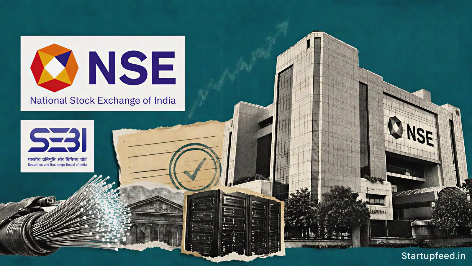 NSE SEBI settlement collage with the NSE logo, SEBI emblem, exchange building and market documents on a deep teal background