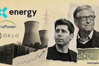 Nuclear startup funding collage with Sam Altman, Bill Gates, reactor towers and X-energy, TerraPower and Oklo logos