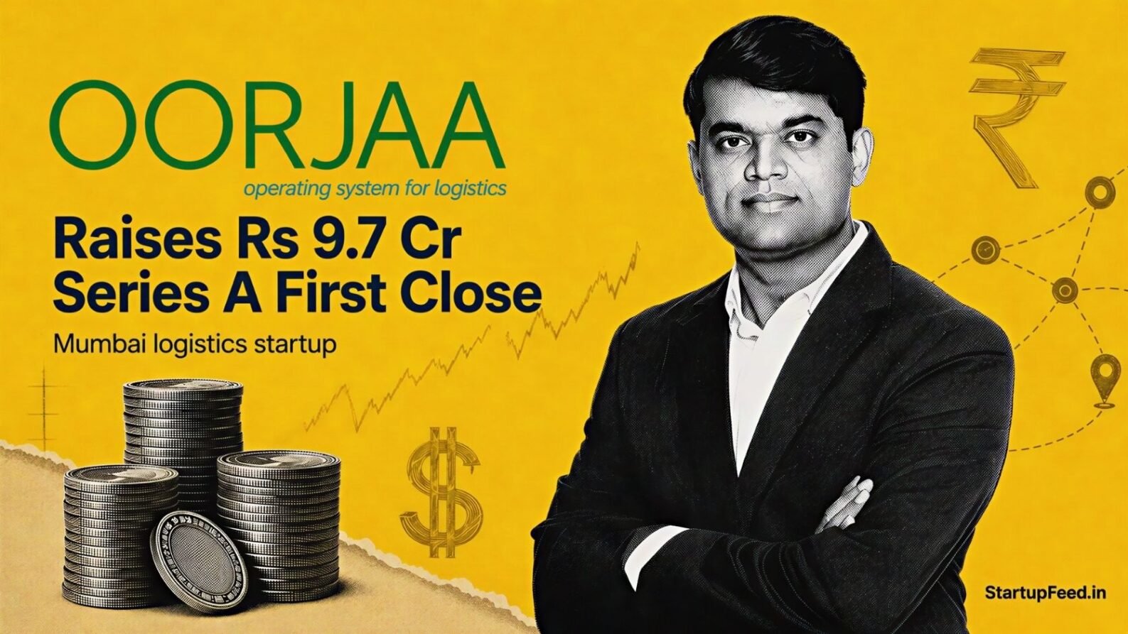OORJAA Series A funding with Sandeep Patil, Equentis Angel Fund logo and logistics network motifs