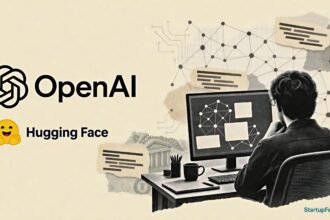 OpenAI agent swarm of about 700 represented by network motifs beside a workstation and OpenAI and Hugging Face logos