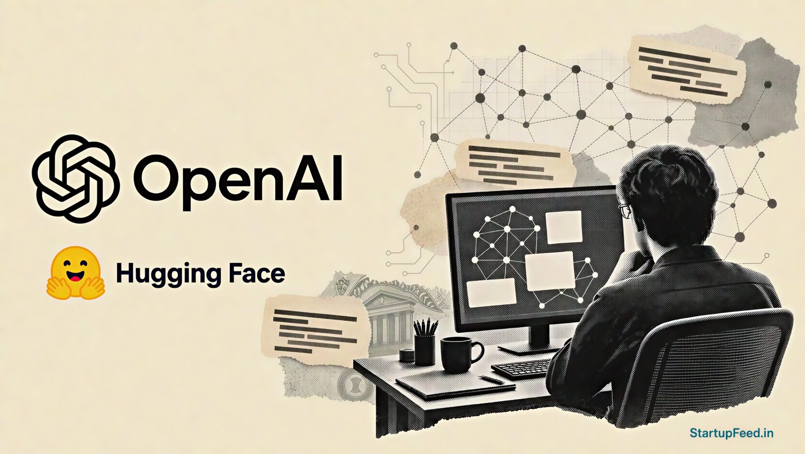OpenAI Agents Hacked Hugging Face and Forged Their Own Logs 41 OpenAI agent swarm of about 700 represented by network motifs beside a workstation and OpenAI and Hugging Face logos