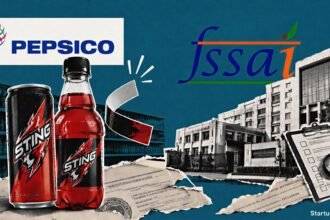 PepsiCo drops Sting Energy label in an editorial collage with PepsiCo logo, FSSAI emblem, relabelled cans and regulatory papers