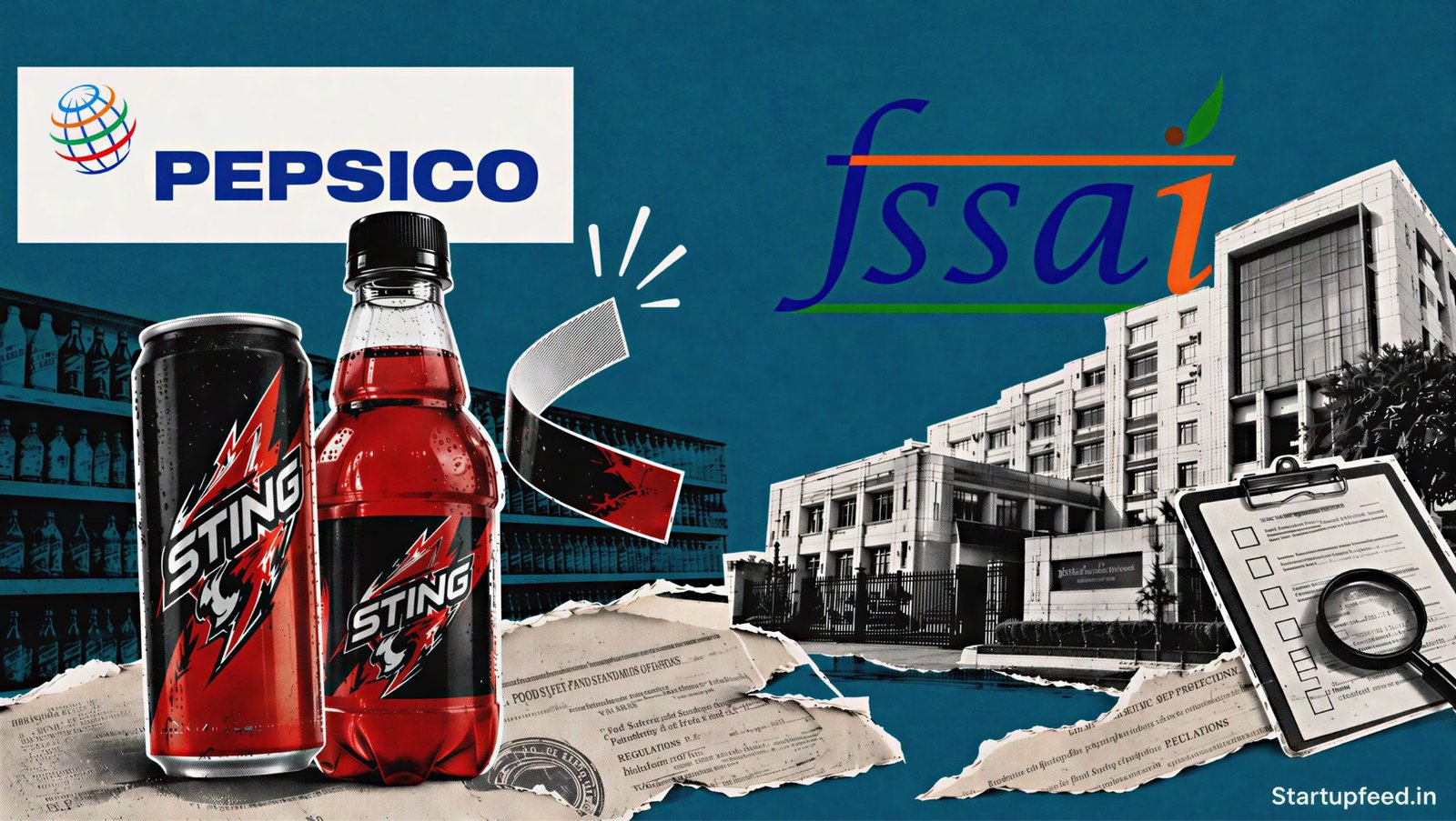 PepsiCo drops Sting Energy label in an editorial collage with PepsiCo logo, FSSAI emblem, relabelled cans and regulatory papers