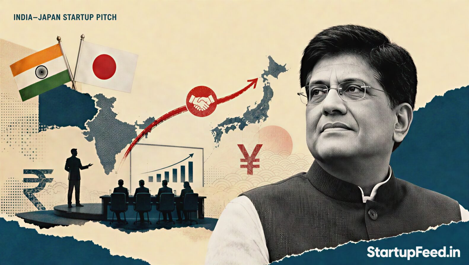 Piyush Goyal with India and Japan flags for the proposed India-Japan startup pitch series