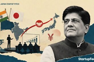 Piyush Goyal with India and Japan flags for the proposed India-Japan startup pitch series
