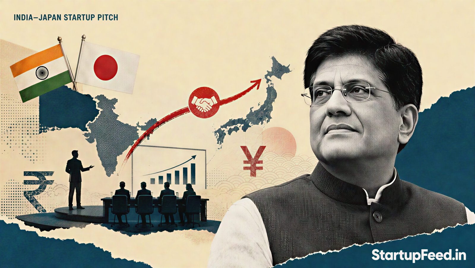 Goyal Floats India-Japan Shark Tank-Style Startup Series 41 Piyush Goyal with India and Japan flags for the proposed India-Japan startup pitch series